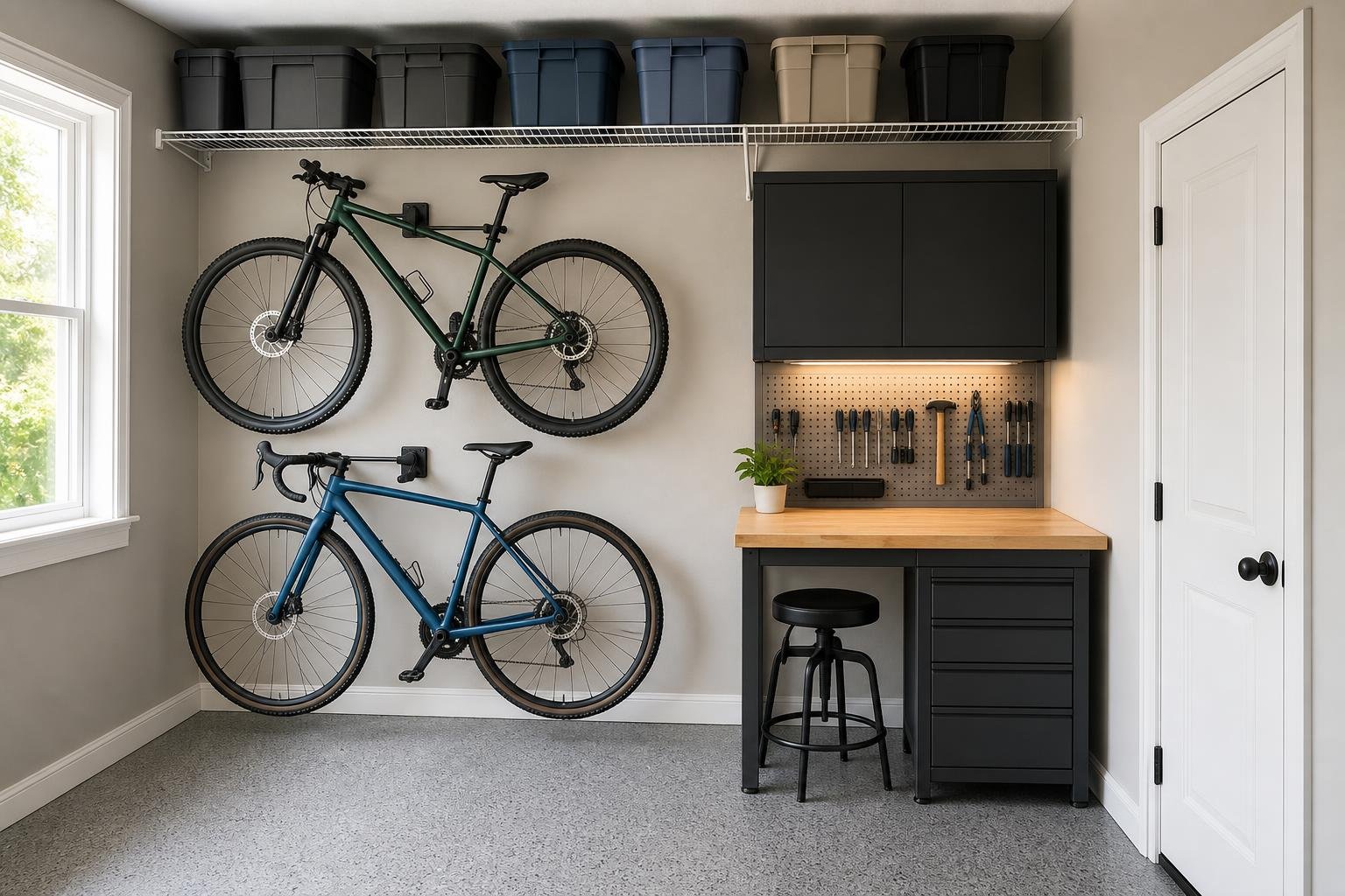 Garage workshop with wall-mounted bicycles and storage shelves